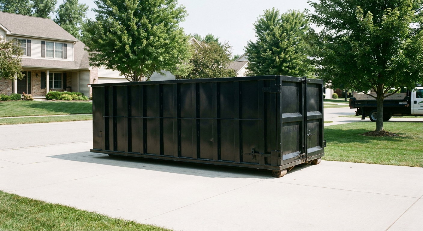 Matte-black 20-yard roll-off dumpster sitting level on a clean Southgate residential concrete driveway under bright daylight, demonstrating clean placement directly on the concrete.