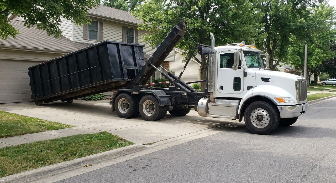 White-cab hooklift roll-off truck actively lowering a matte-black dumpster onto a Southgate residential concrete driveway, the dumpster's rear wheels touching the driveway as the hoist arm tilts the bed forward, mid-morning daylight.